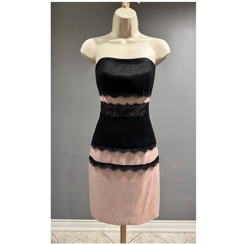 Suzy Shier Strapless Black and Blush Lace Dress – Size Small